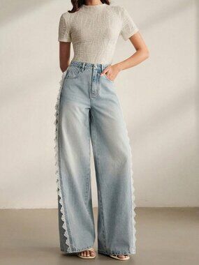 Blue Casual Women's Lace Trim Straight Leg Jeans